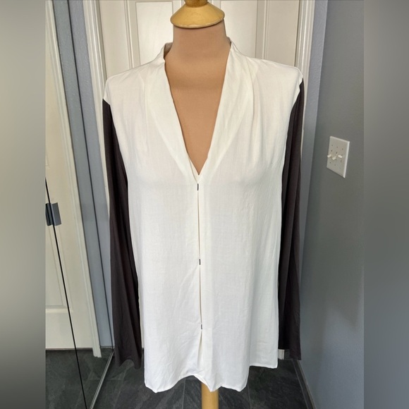 Soft Surroundings Silk Blouse Tunic Ivory & Mushroom Long Sleeve - Picture 1 of 9